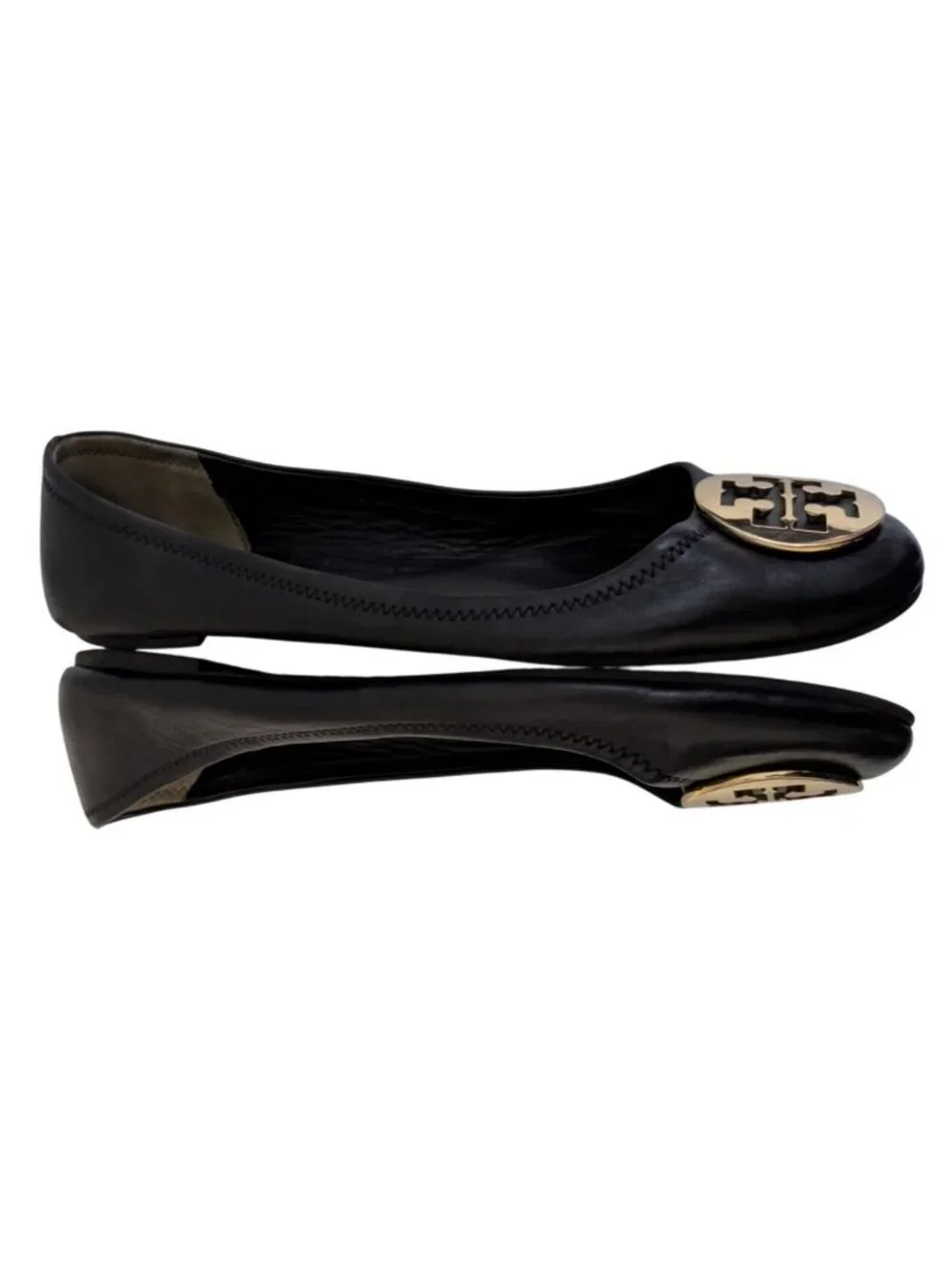 Tory Burch Black Leather Minnie Travel Ballet Flats Gold Logo Womens Size 12